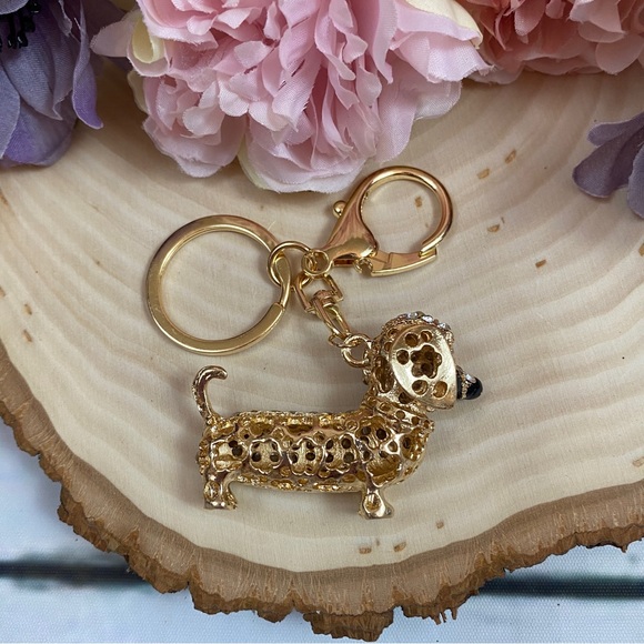 Silver Crystal Hot Dog Puppy Keychain Charm - Picture 11 of 14